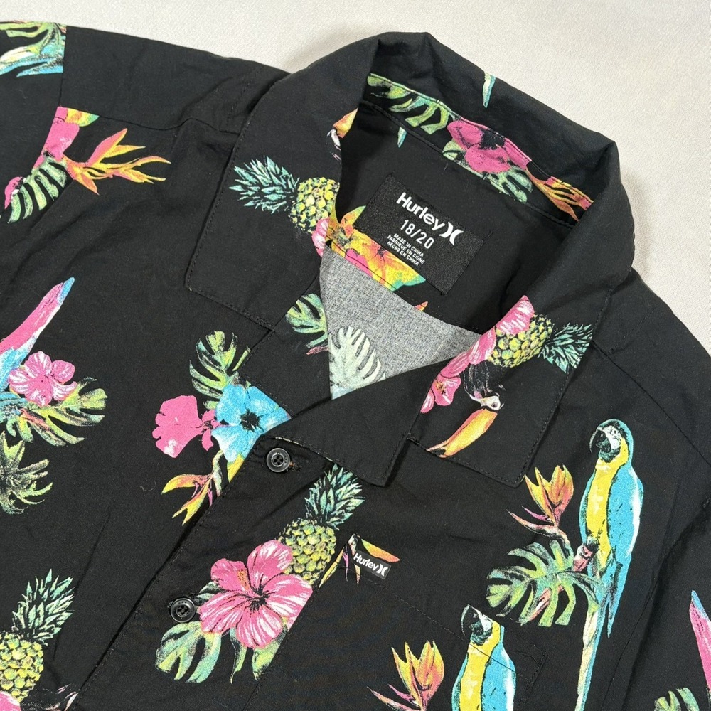 Hurley Button up shirt Boys XL 18/20 Black Tropical Bird Parrot AOP Skater